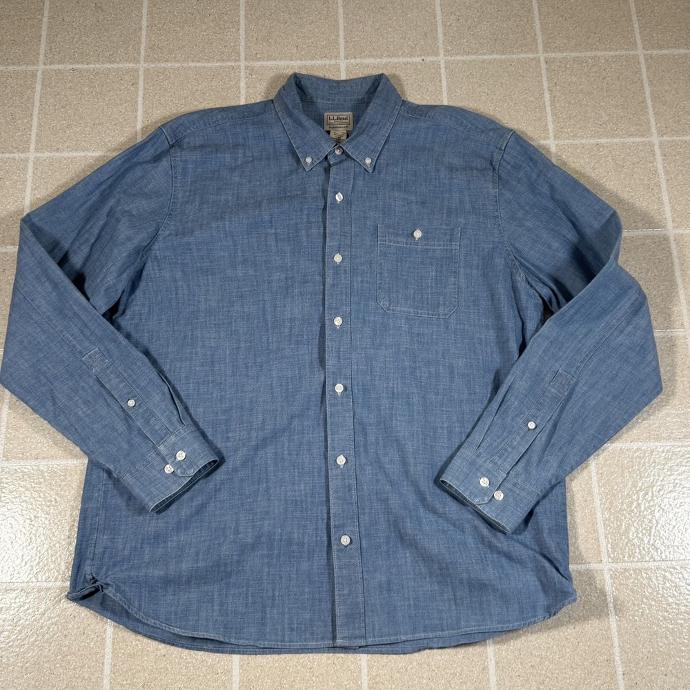 Vintage 90s LL Bean Denim Shirt Men Sz L Blue  Button Down Chambray